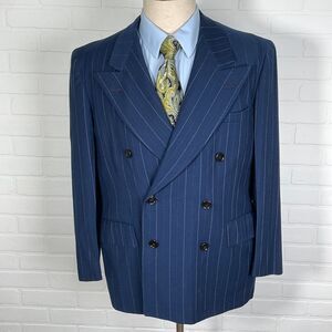 Unbranded Blazer Men 40 Blue Purple Pinstripe Double Breasted Peaked  Wool‎ VTG